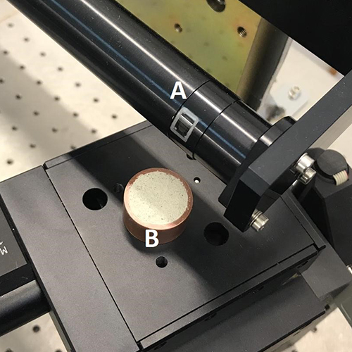 Fig. 1: Ma_MISS breadboard setup. A: Ma_MISS Optical Head; B: sample holder.